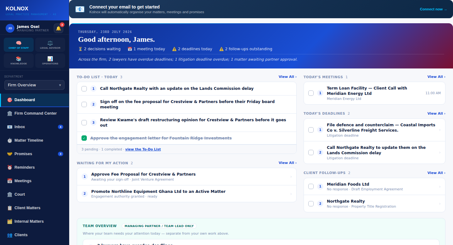 Kolnox Dashboard showing today's to-do list, meetings, deadlines and client follow-ups